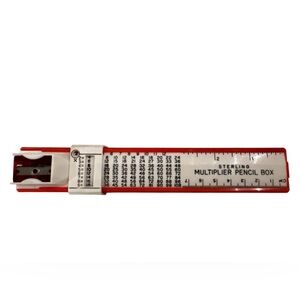 Vintage Sterling Multiplier Pencil Box Sharpener & Ruler Red And White 7 5/8"